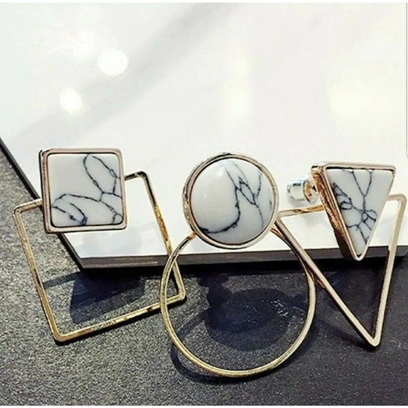 Gold Earrings Geometric Marble Pattern - Picture 3 of 6